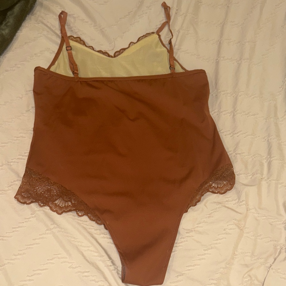 Lace Trim Satin Chemise Bodysuit in Rust - Picture 7 of 10
